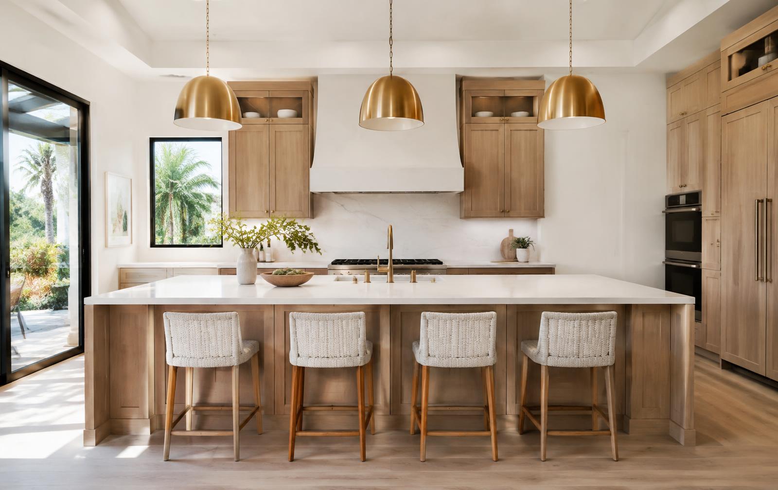 Renovated kitchen with oak cabinetry and a quartz island